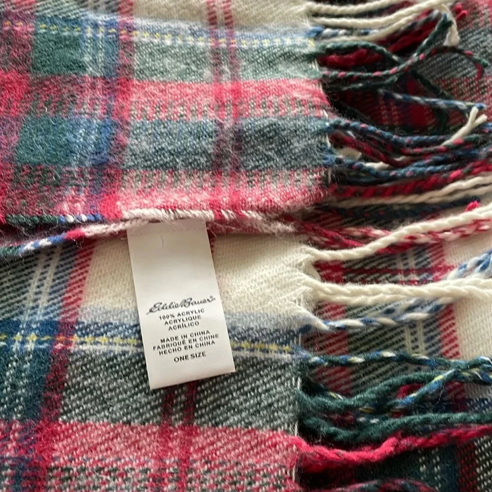 Eddie Bauer pink green blue cream plaid scarf. 86”long. 26.5” wide. Fringe.